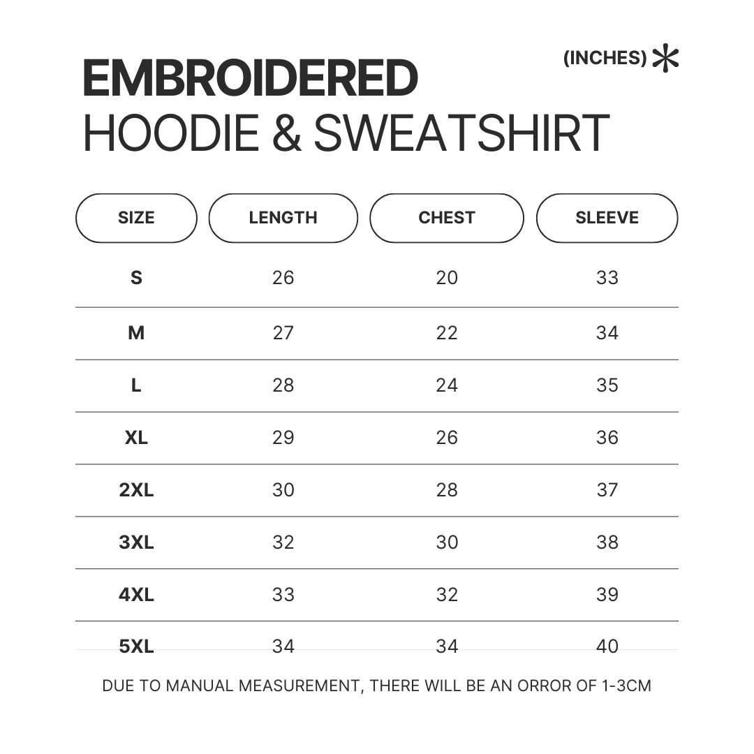Embroidered Hoodie Sweatshirt Size Chart 1 - Official Jujutsu Kaisen Store