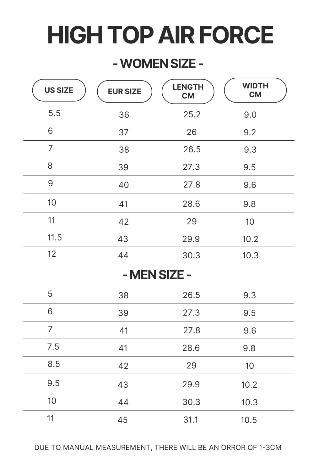 High Top Air Force Shoes Size Chart - Official Jujutsu Kaisen Store