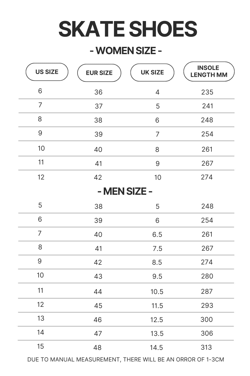 Skate Shoes Size Chart - Official Jujutsu Kaisen Store